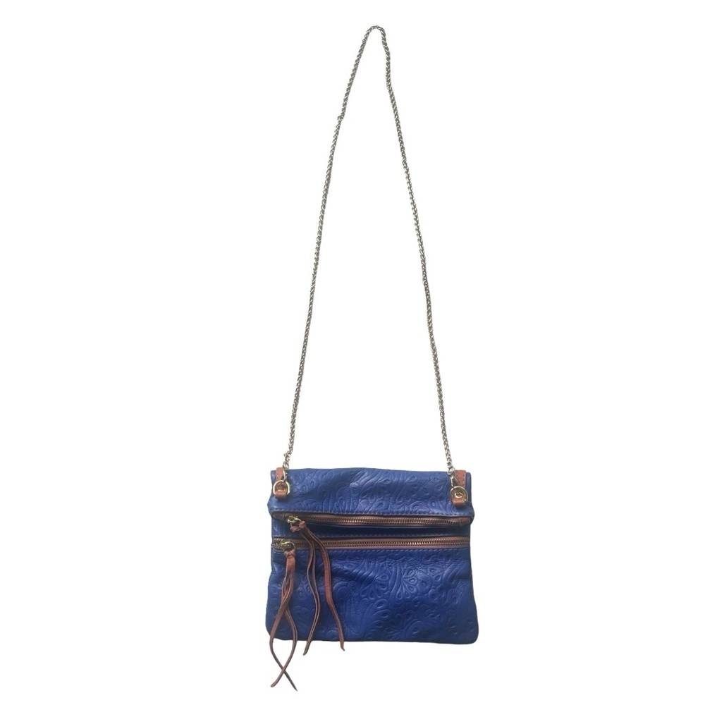 Italian Italy Leather Crossbody Purse Boho Fringe Embossed Floral Blue Gold NWOT